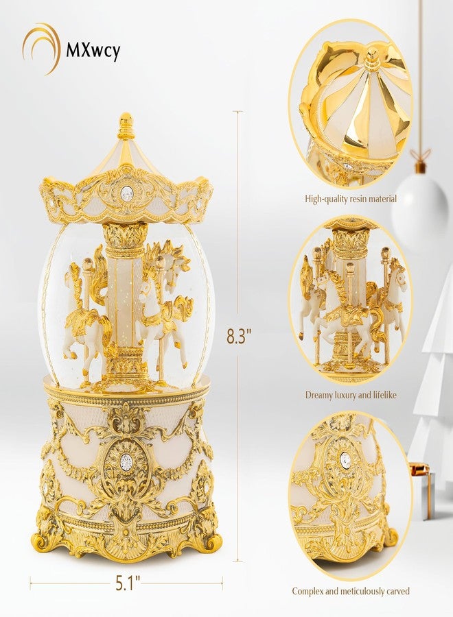 MXwcy Carousel Music Box Gold & Ivory Christmas Snow Globes, 8.3" Rotate Carousel Snow Globe for Kids & Adults, Classic Wind up Musical Snow Globe Birthday Gifts for Women Girls, Carousel Horse Home Decor - Image 3